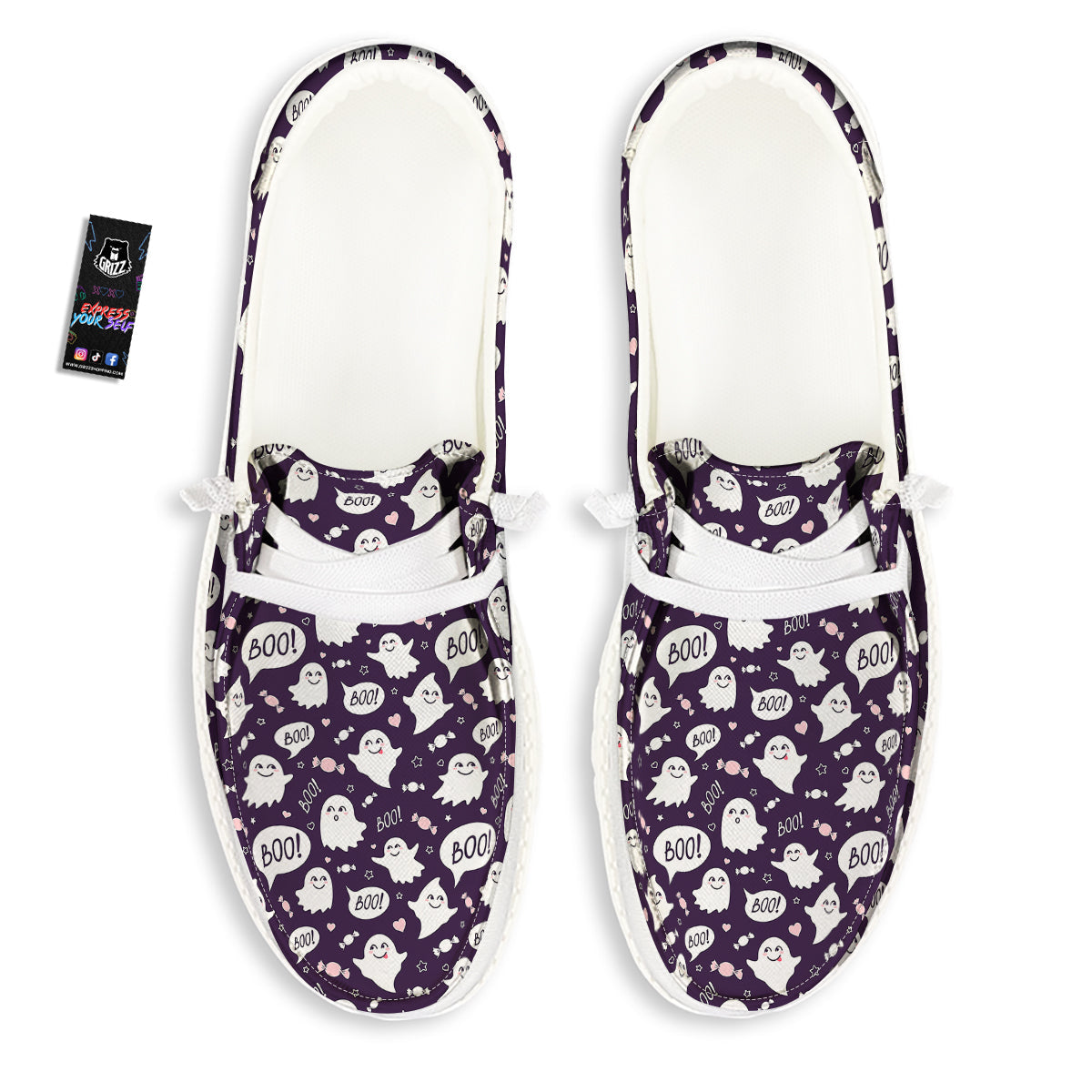 Boo Cute Ghost Print Pattern White Loafers-grizzshop
