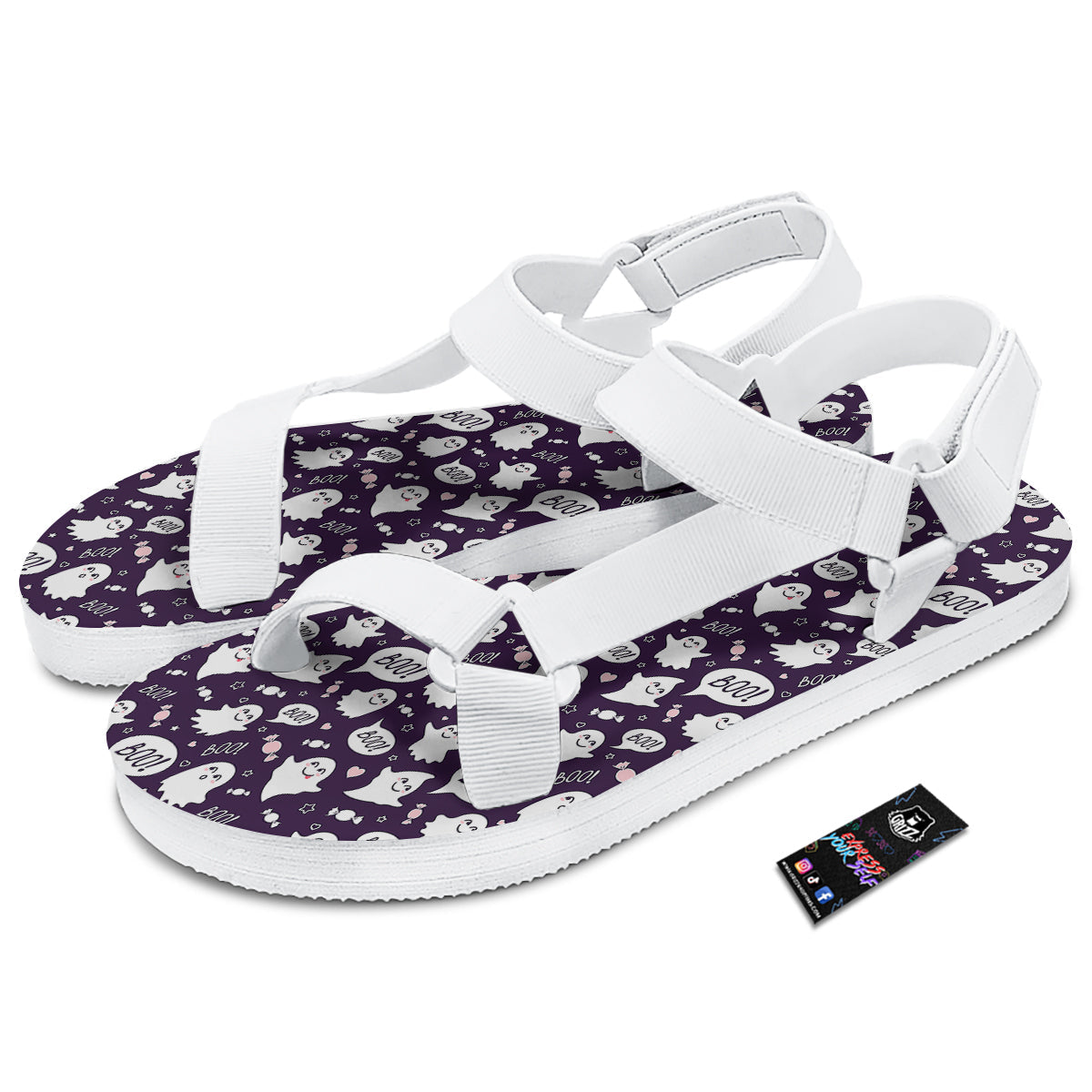 Boo Cute Ghost Print Pattern White Open Toe Sandals-grizzshop