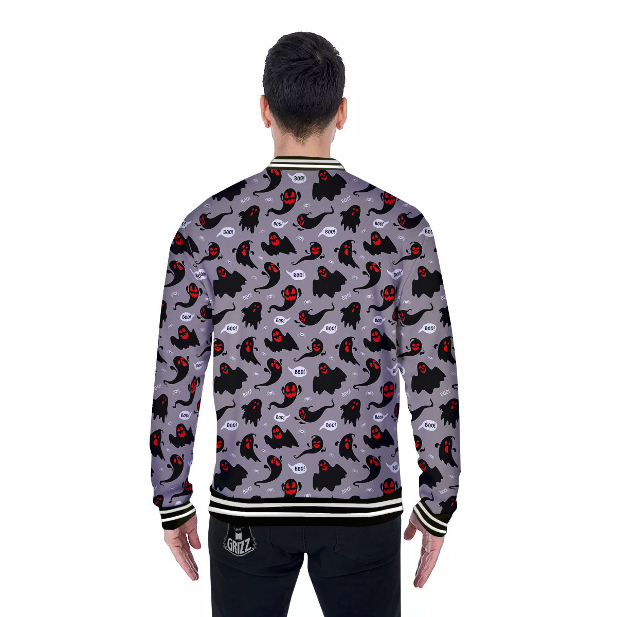 Boo Ghost Print Pattern Baseball Jacket-grizzshop