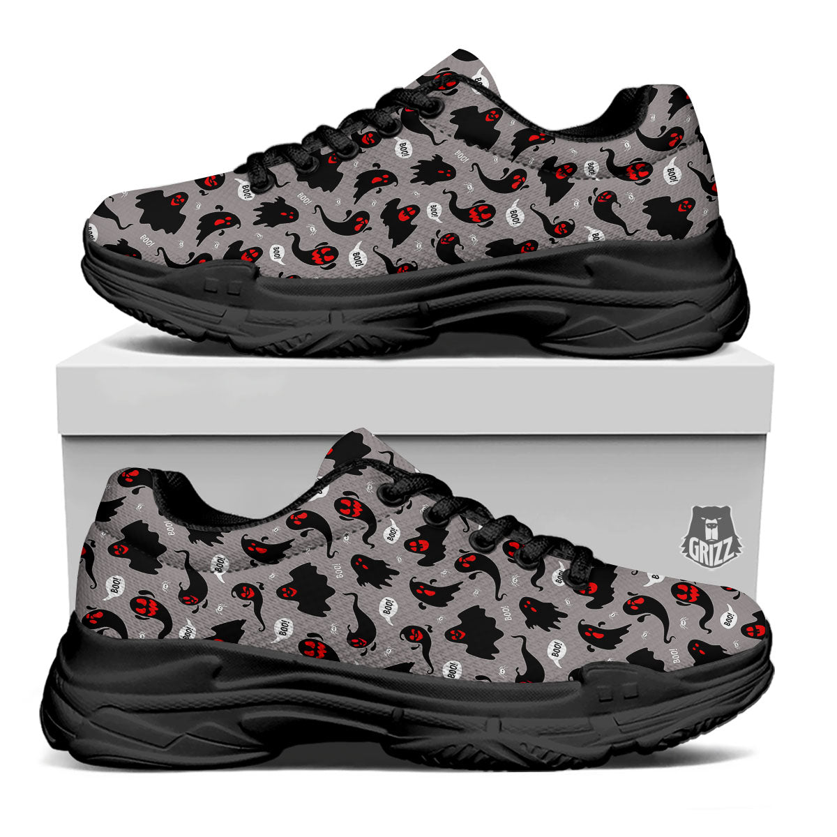 Boo Ghost Print Pattern Black Chunky Shoes-grizzshop