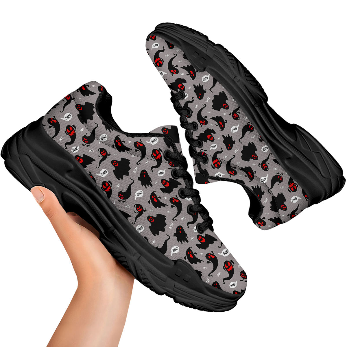 Boo Ghost Print Pattern Black Chunky Shoes-grizzshop
