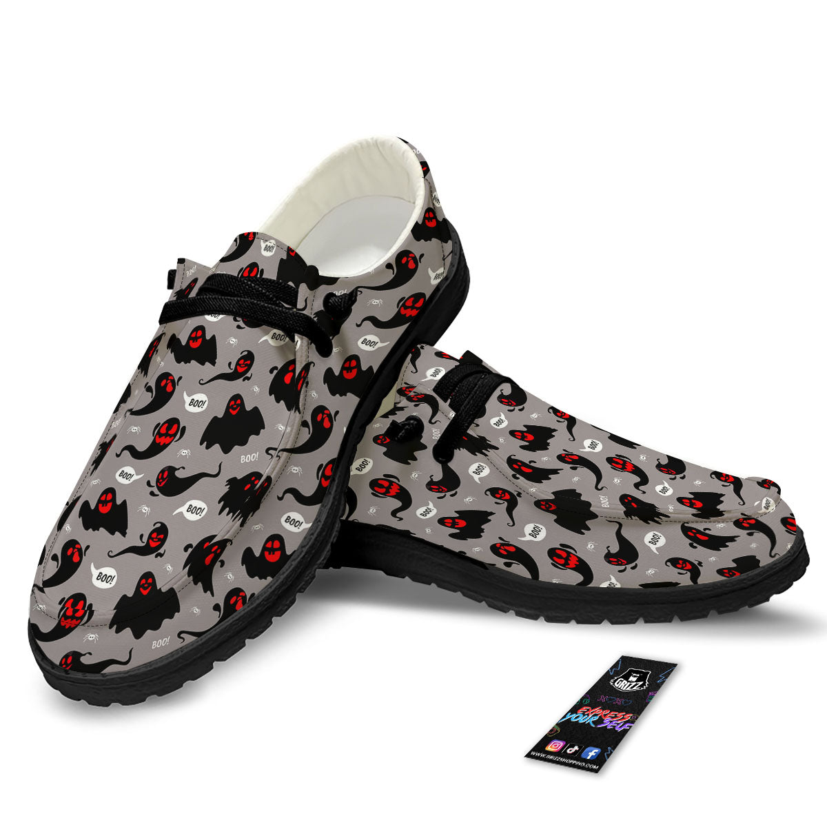 Boo Ghost Print Pattern Black Loafers-grizzshop