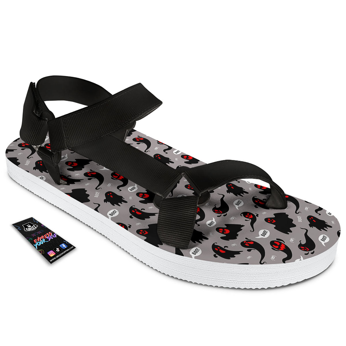 Boo Ghost Print Pattern Black Open Toe Sandals-grizzshop