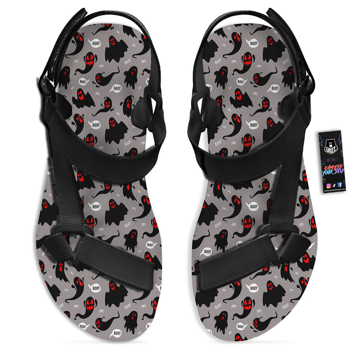 Boo Ghost Print Pattern Black Open Toe Sandals-grizzshop