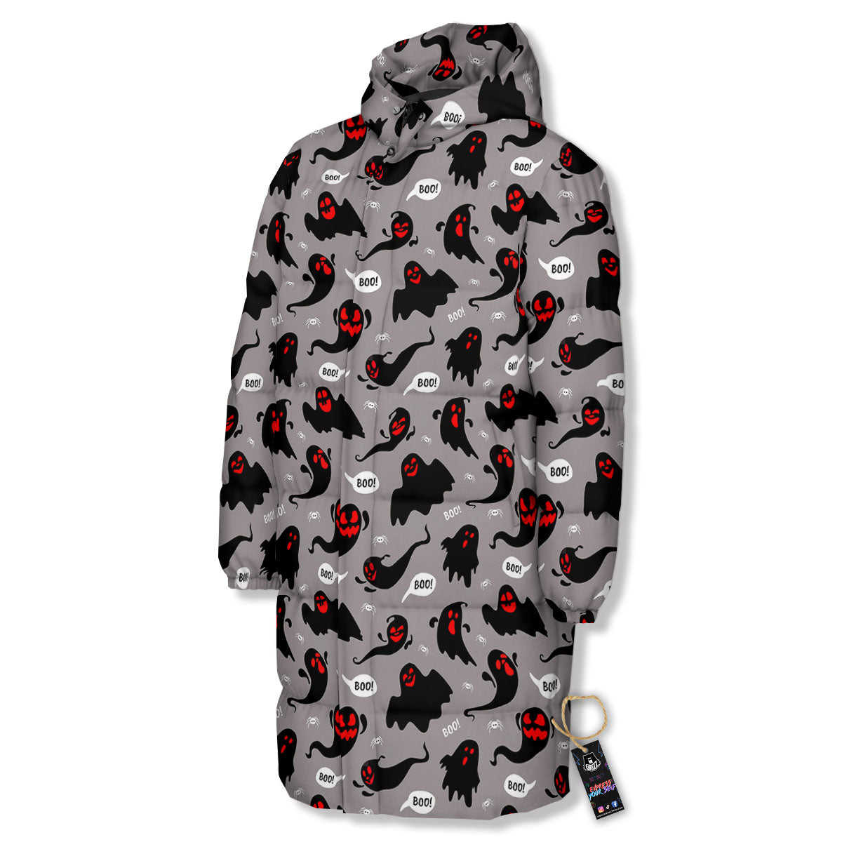 Boo Ghost Print Pattern Long Down Jacket-grizzshop