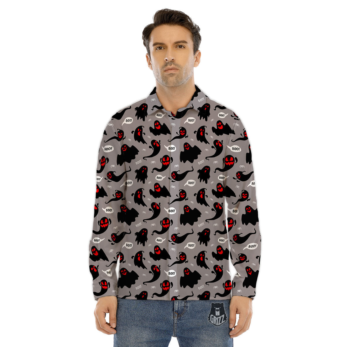 Boo Ghost Print Pattern Men's Dress Shirts-grizzshop