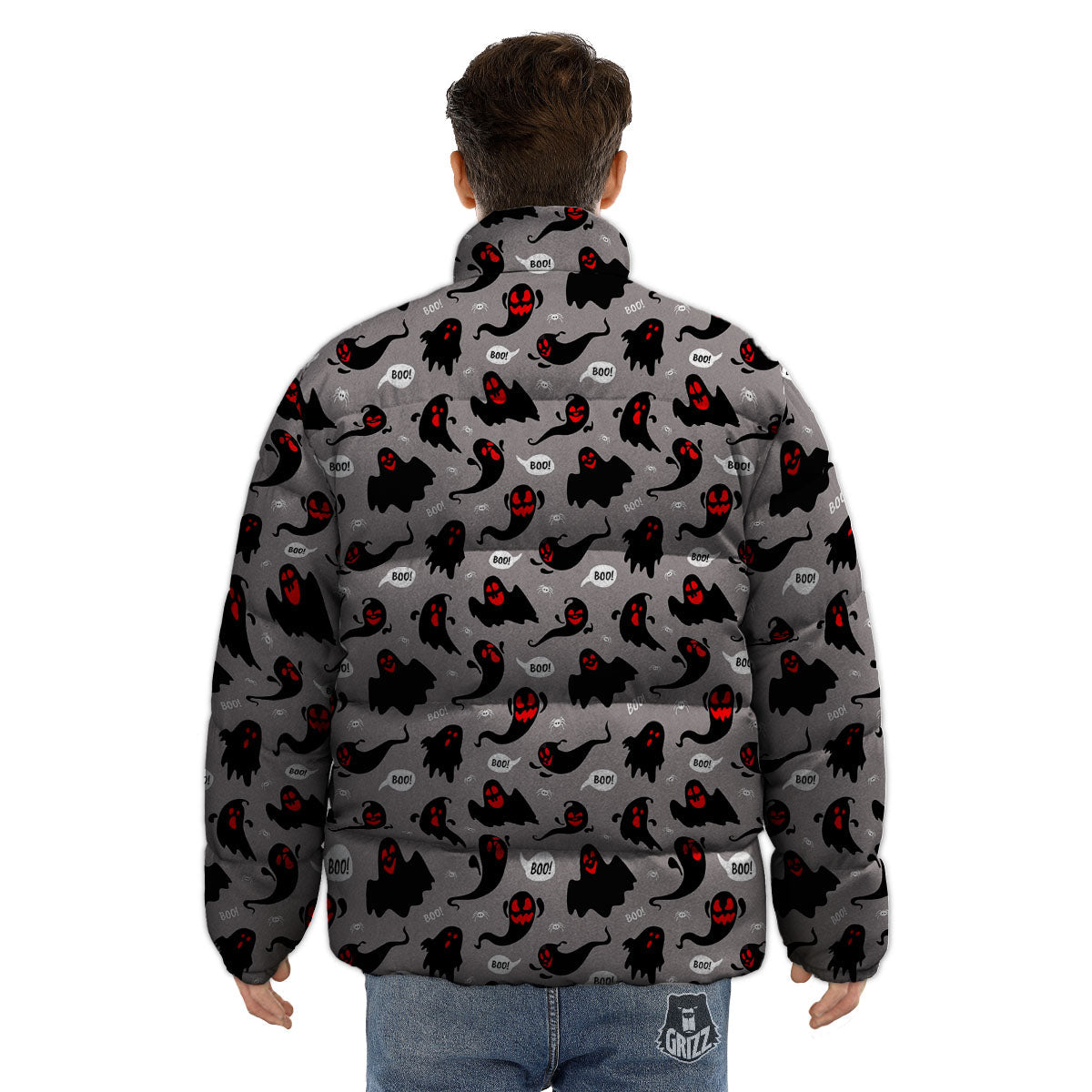 Boo Ghost Print Pattern Puffer Jacket-grizzshop