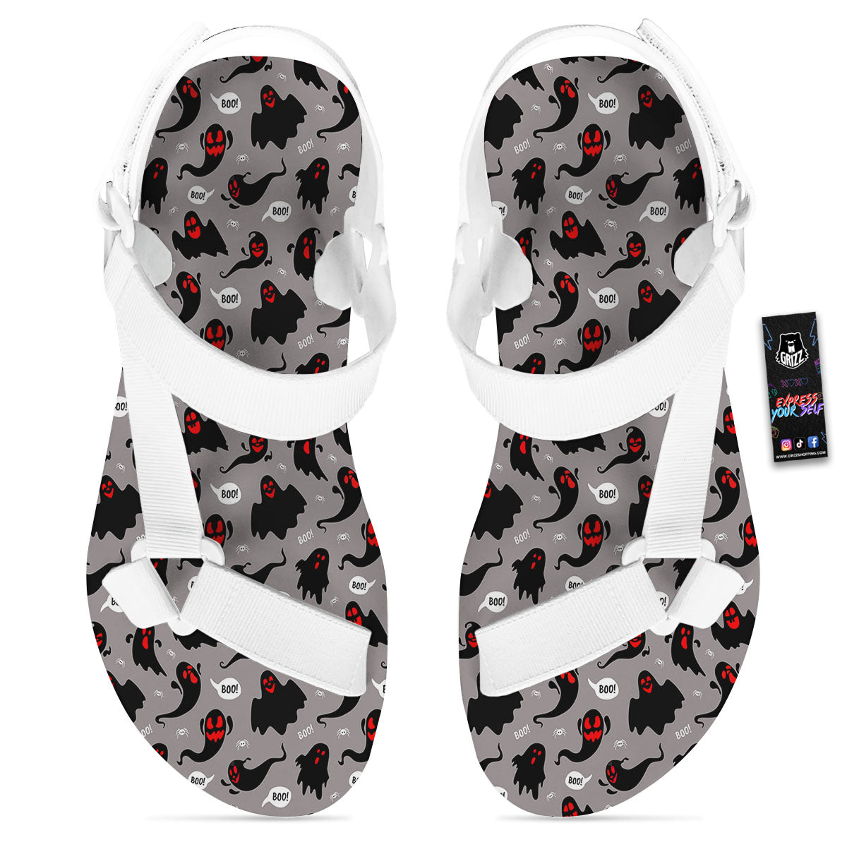 Boo Ghost Print Pattern White Open Toe Sandals-grizzshop