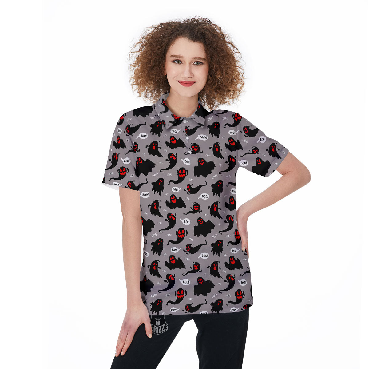 Boo Ghost Print Pattern Women's Golf Shirts-grizzshop