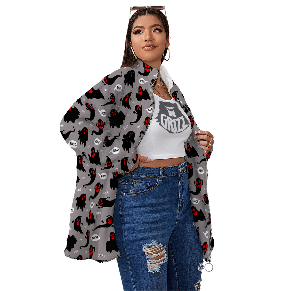 Boo Ghost Print Pattern Women's Sherpa Jacket-grizzshop