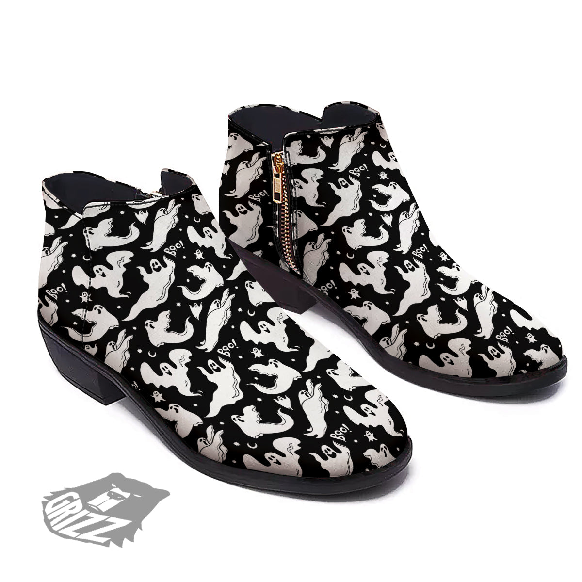 Boo Scary Ghost Print Pattern Ankle Boots-grizzshop