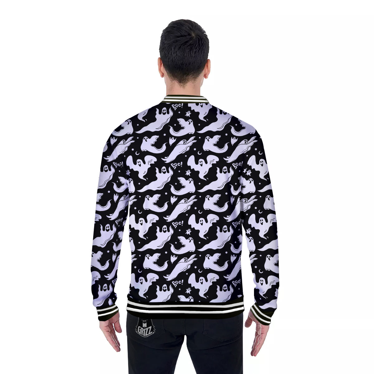 Boo Scary Ghost Print Pattern Baseball Jacket-grizzshop