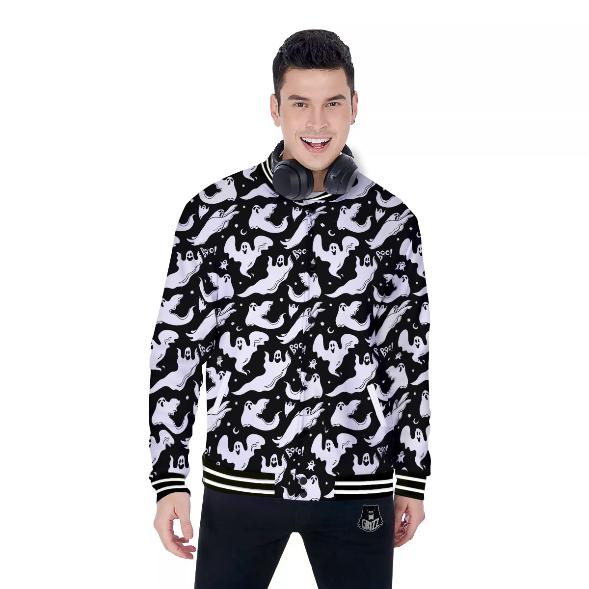 Boo Scary Ghost Print Pattern Baseball Jacket-grizzshop