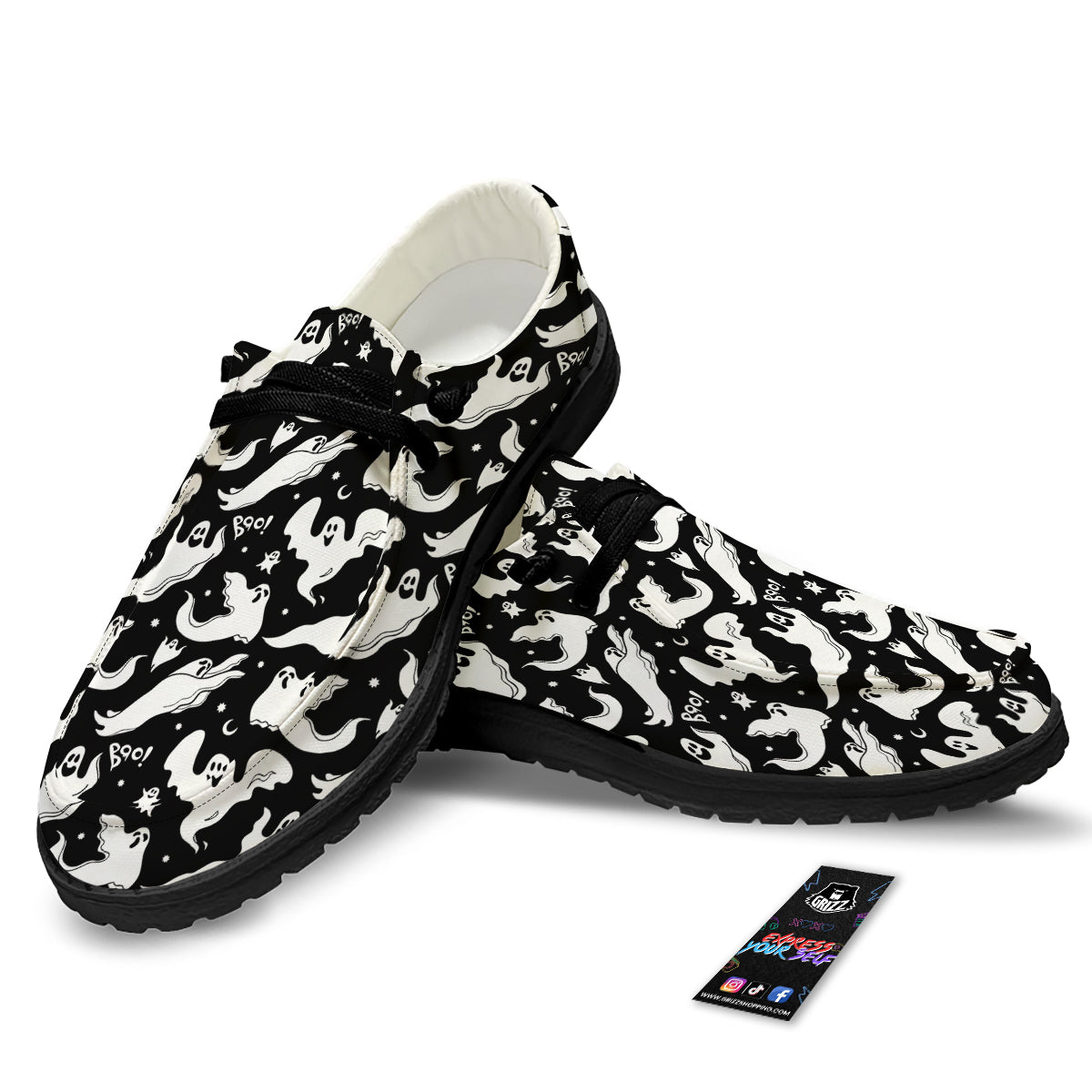 Boo Scary Ghost Print Pattern Black Loafers-grizzshop