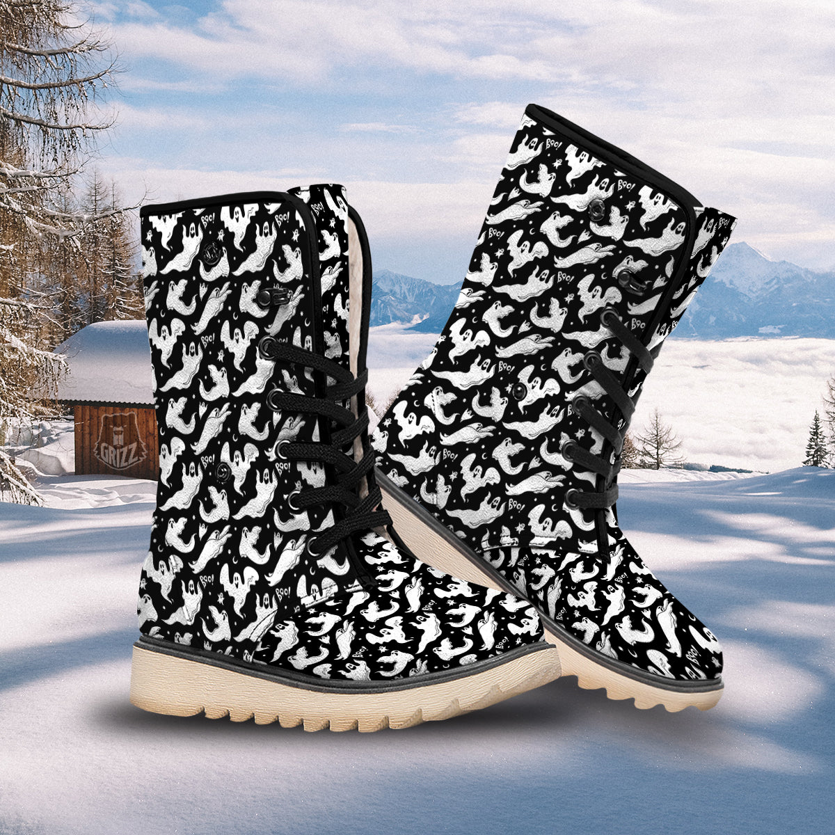 Boo Scary Ghost Print Pattern Snow Boots-grizzshop