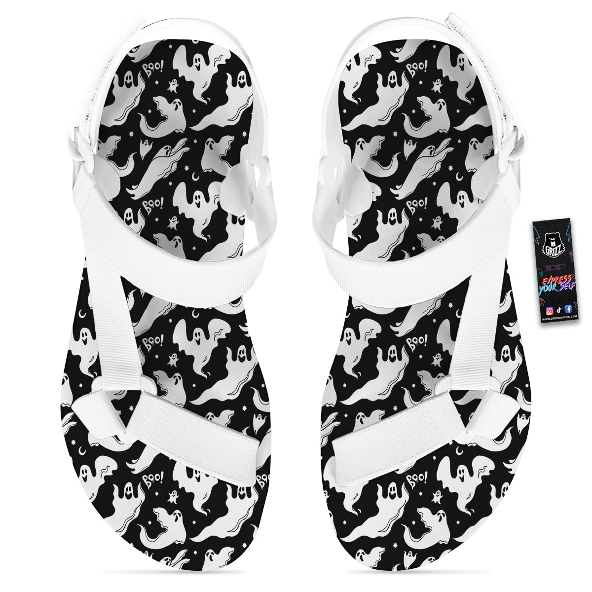 Boo Scary Ghost Print Pattern White Open Toe Sandals-grizzshop