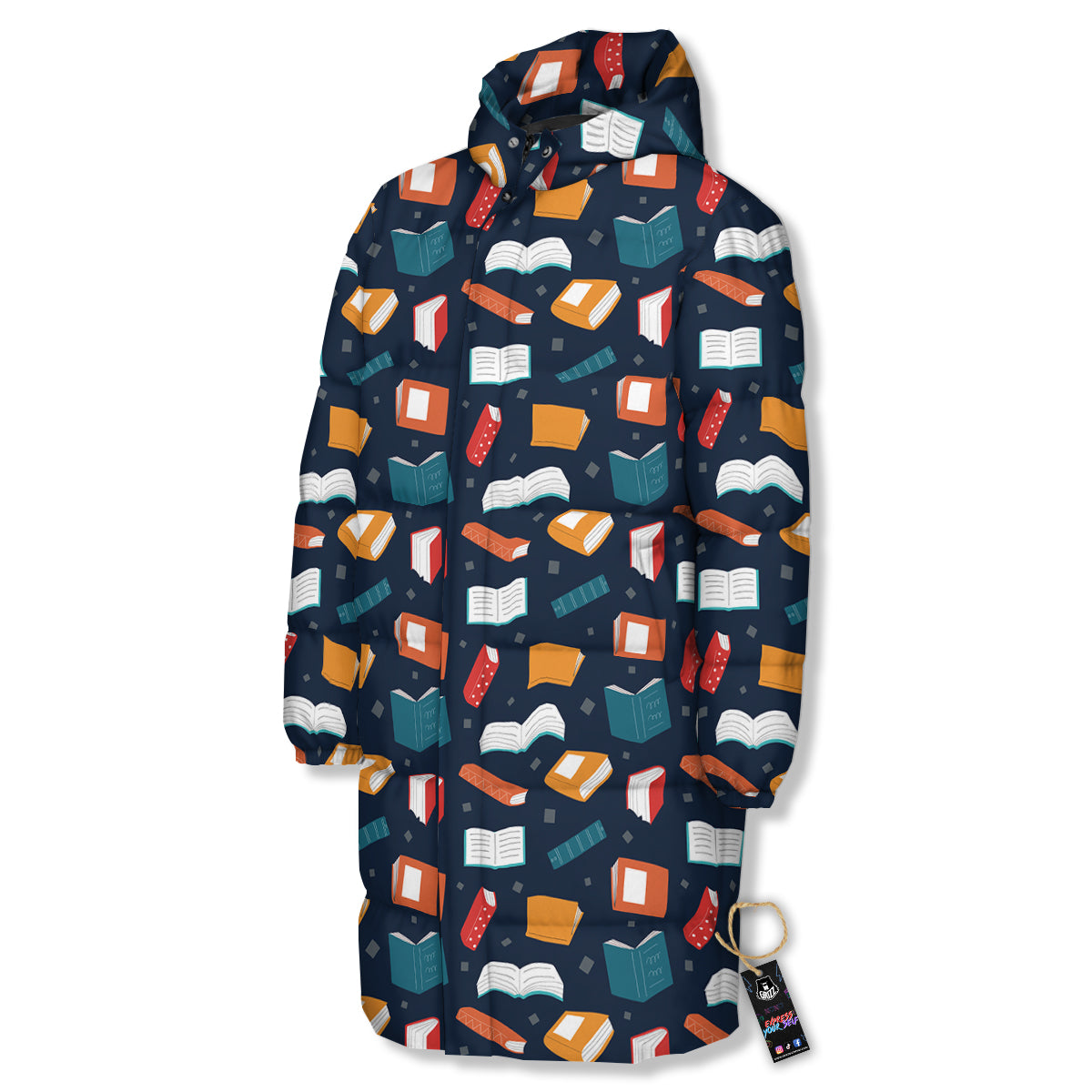 Books Colorful Print Pattern Long Down Jacket-grizzshop