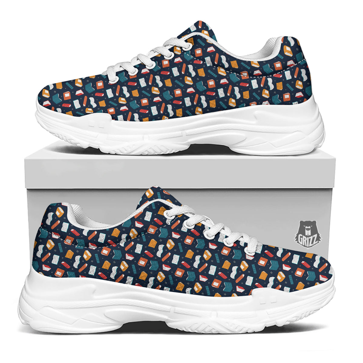 Books Colorful Print Pattern White Chunky Shoes-grizzshop