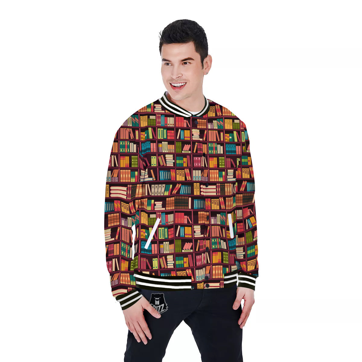 Bookshelf Vintage Print Pattern Baseball Jacket-grizzshop