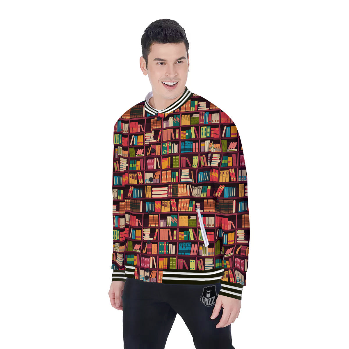 Bookshelf Vintage Print Pattern Baseball Jacket-grizzshop