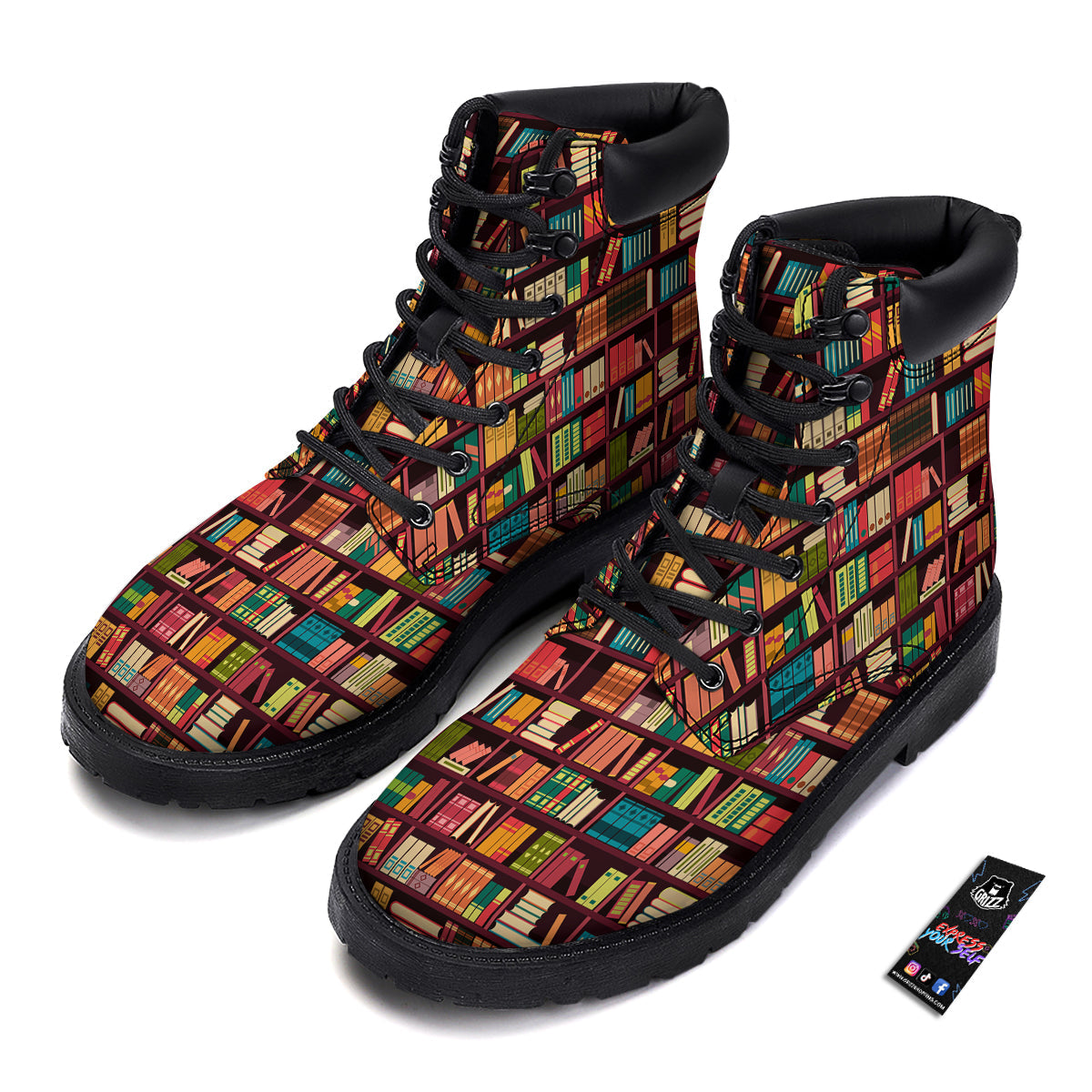 Bookshelf Vintage Print Pattern Boots-grizzshop
