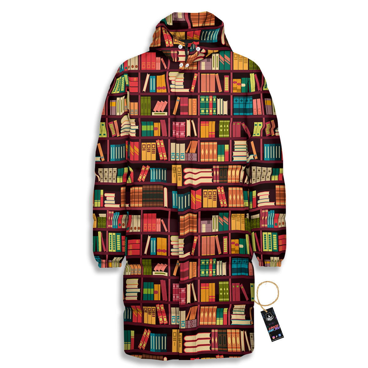 Bookshelf Vintage Print Pattern Long Down Jacket-grizzshop