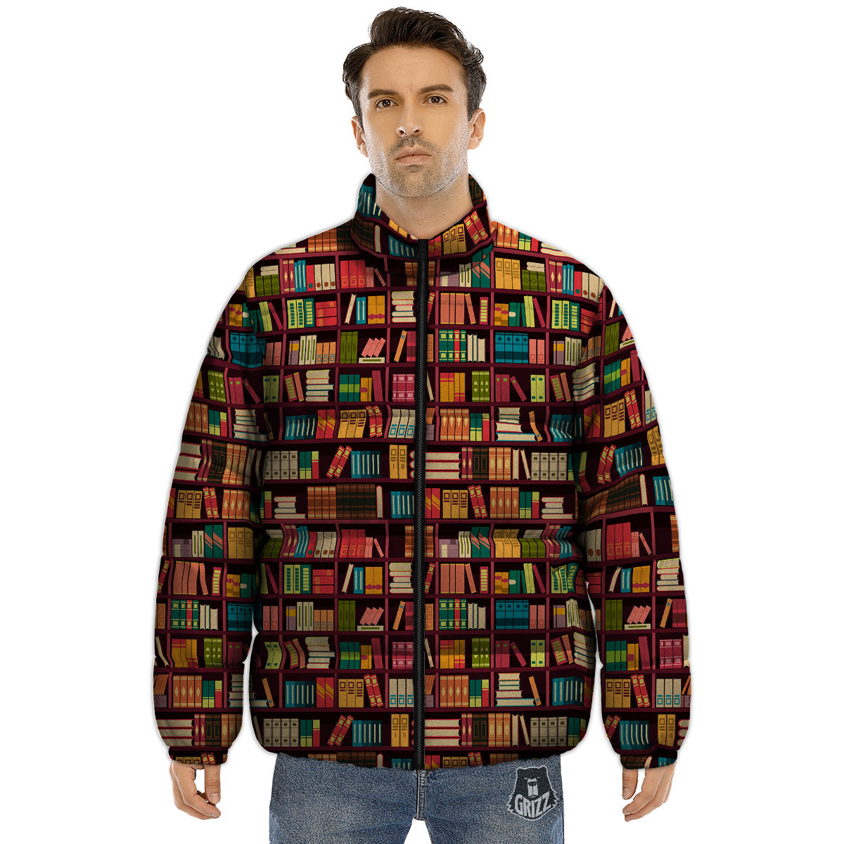Bookshelf Vintage Print Pattern Puffer Jacket-grizzshop