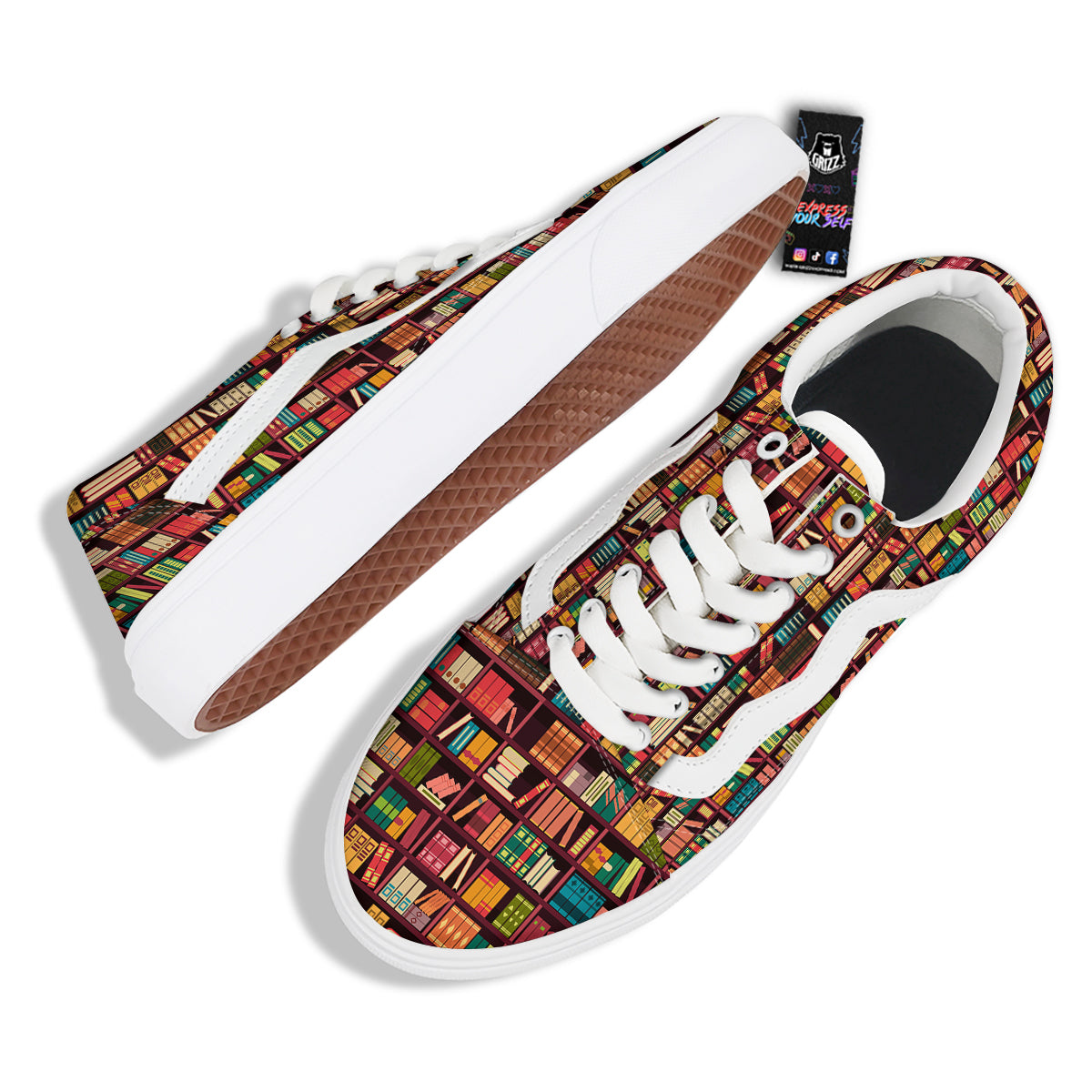 Bookshelf Vintage Print Pattern Skate Shoes-grizzshop
