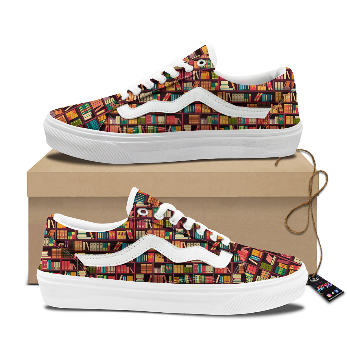 Bookshelf Vintage Print Pattern Skate Shoes-grizzshop