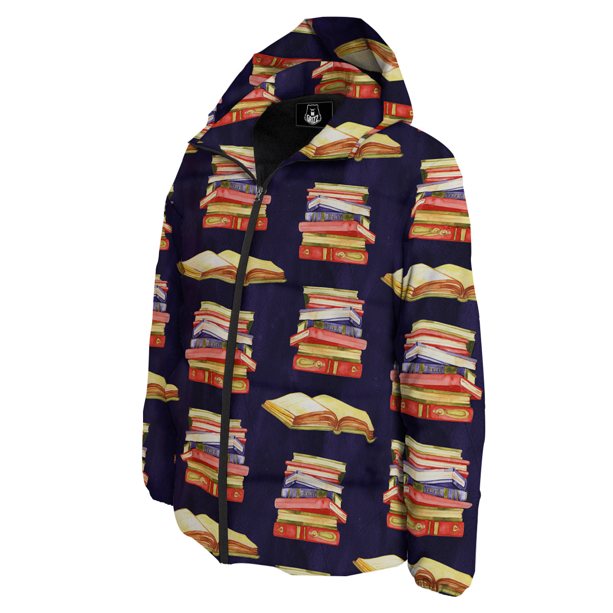 Bookshelf Watercolor Print Pattern Down Jacket-grizzshop