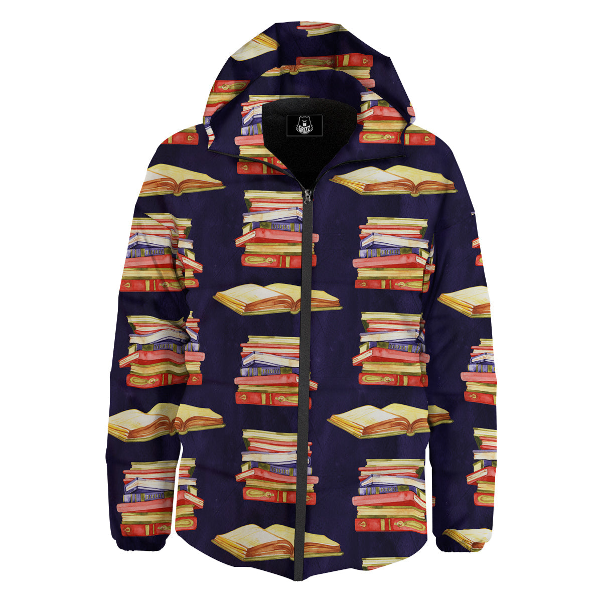 Bookshelf Watercolor Print Pattern Down Jacket-grizzshop