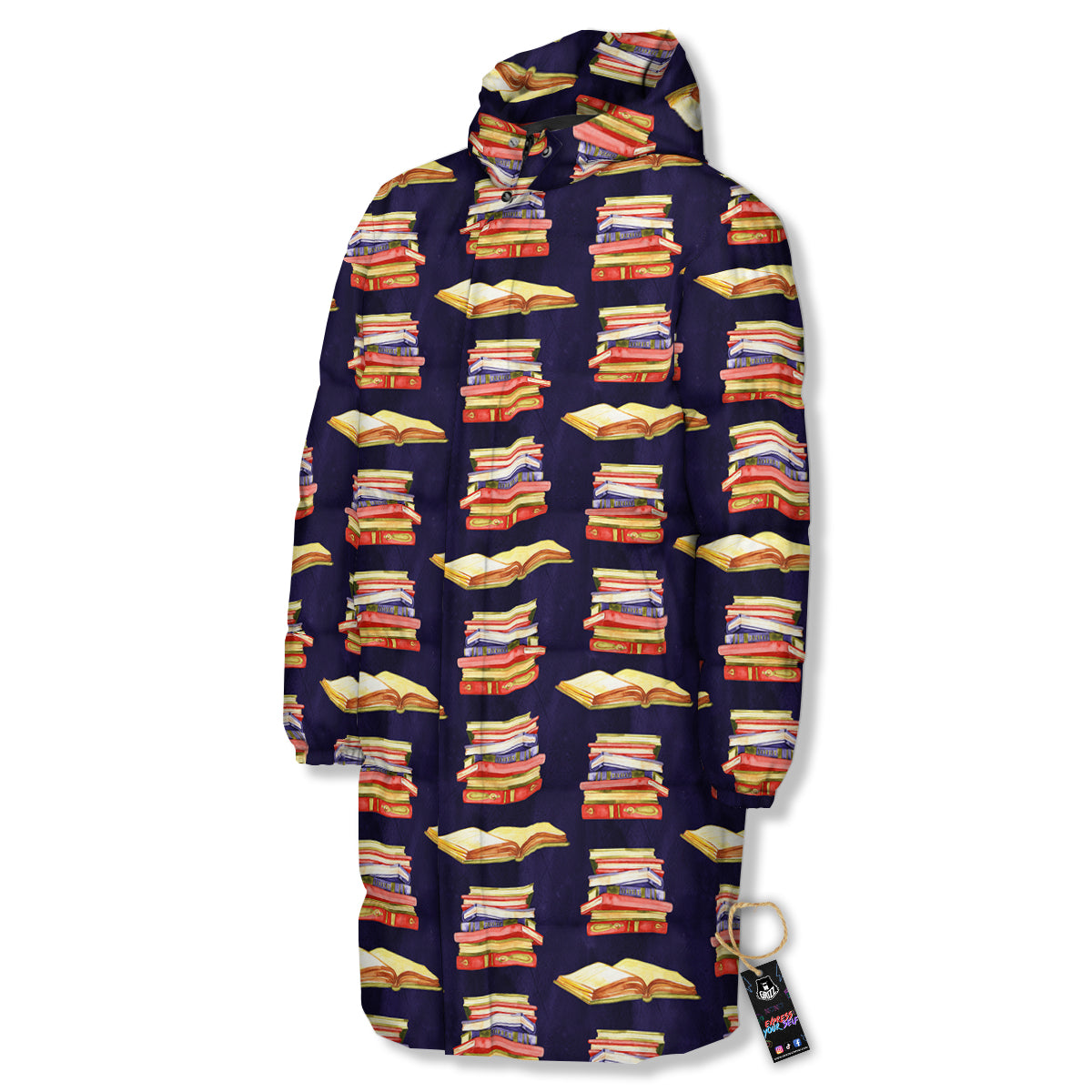 Bookshelf Watercolor Print Pattern Long Down Jacket-grizzshop