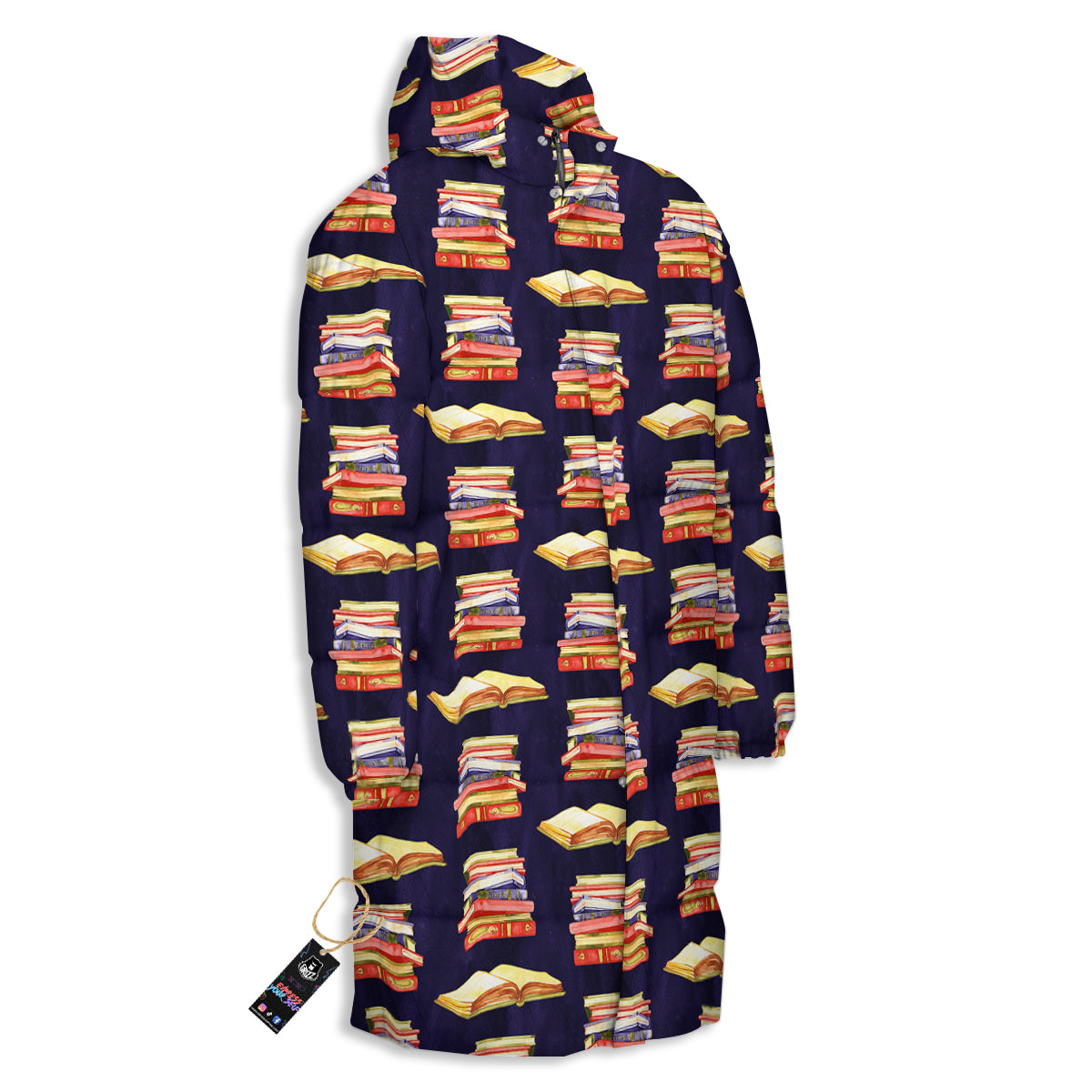 Bookshelf Watercolor Print Pattern Long Down Jacket-grizzshop