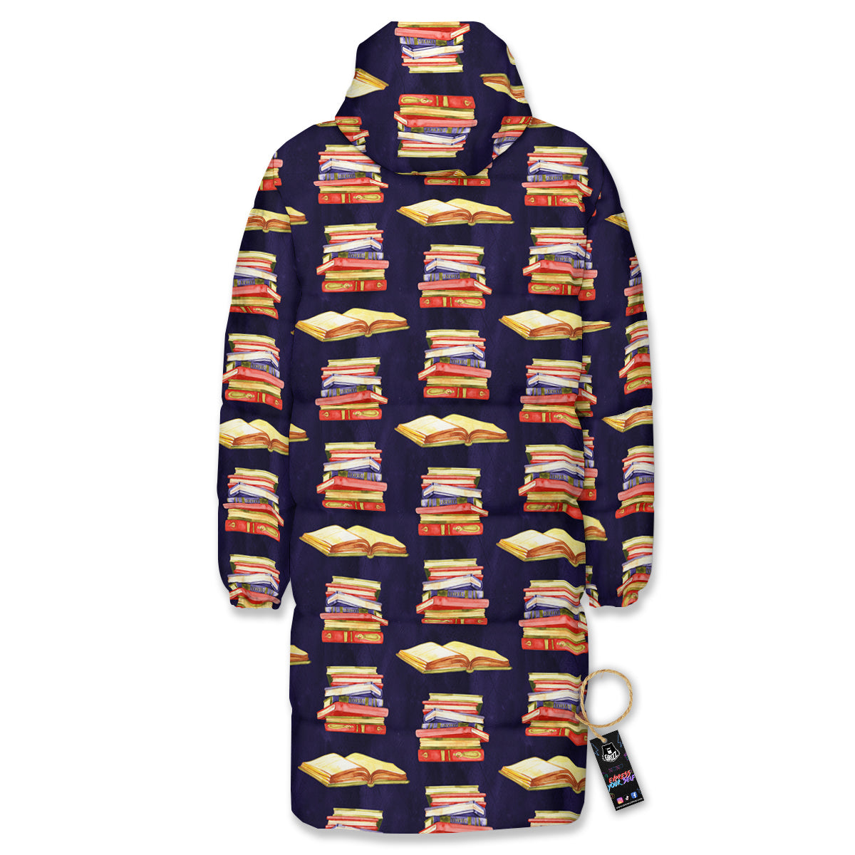 Bookshelf Watercolor Print Pattern Long Down Jacket-grizzshop