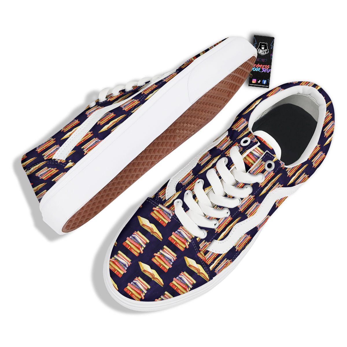 Bookshelf Watercolor Print Pattern Skate Shoes-grizzshop