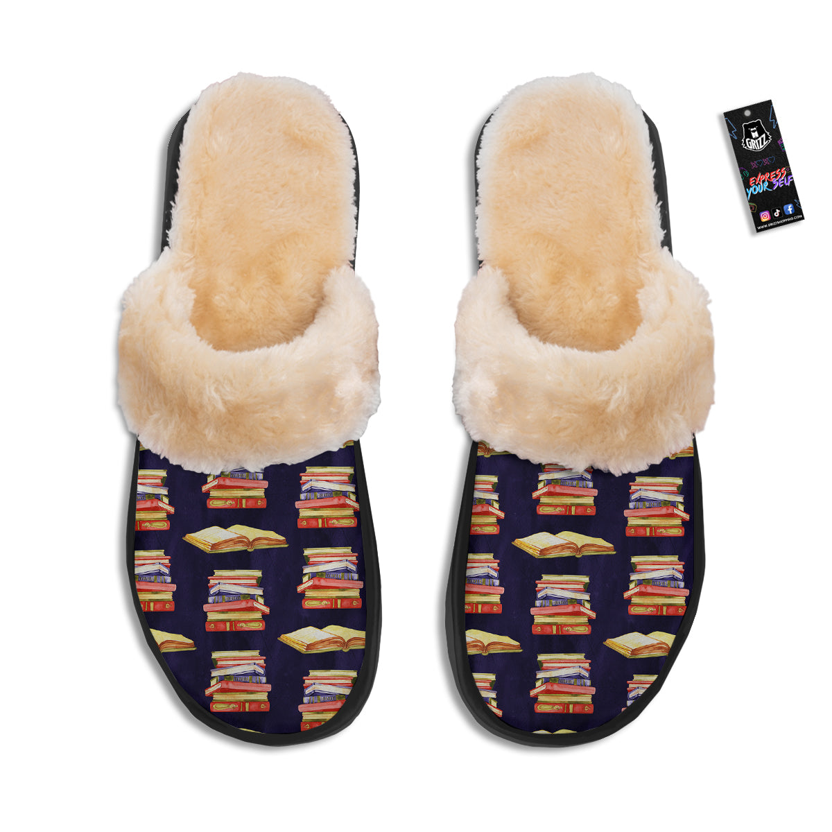 Bookshelf Watercolor Print Pattern Slippers-grizzshop