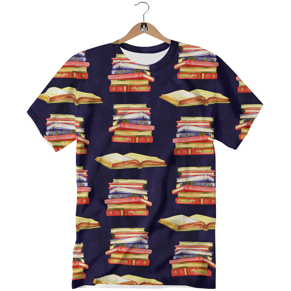 Bookshelf Watercolor Print Pattern T-Shirt-grizzshop