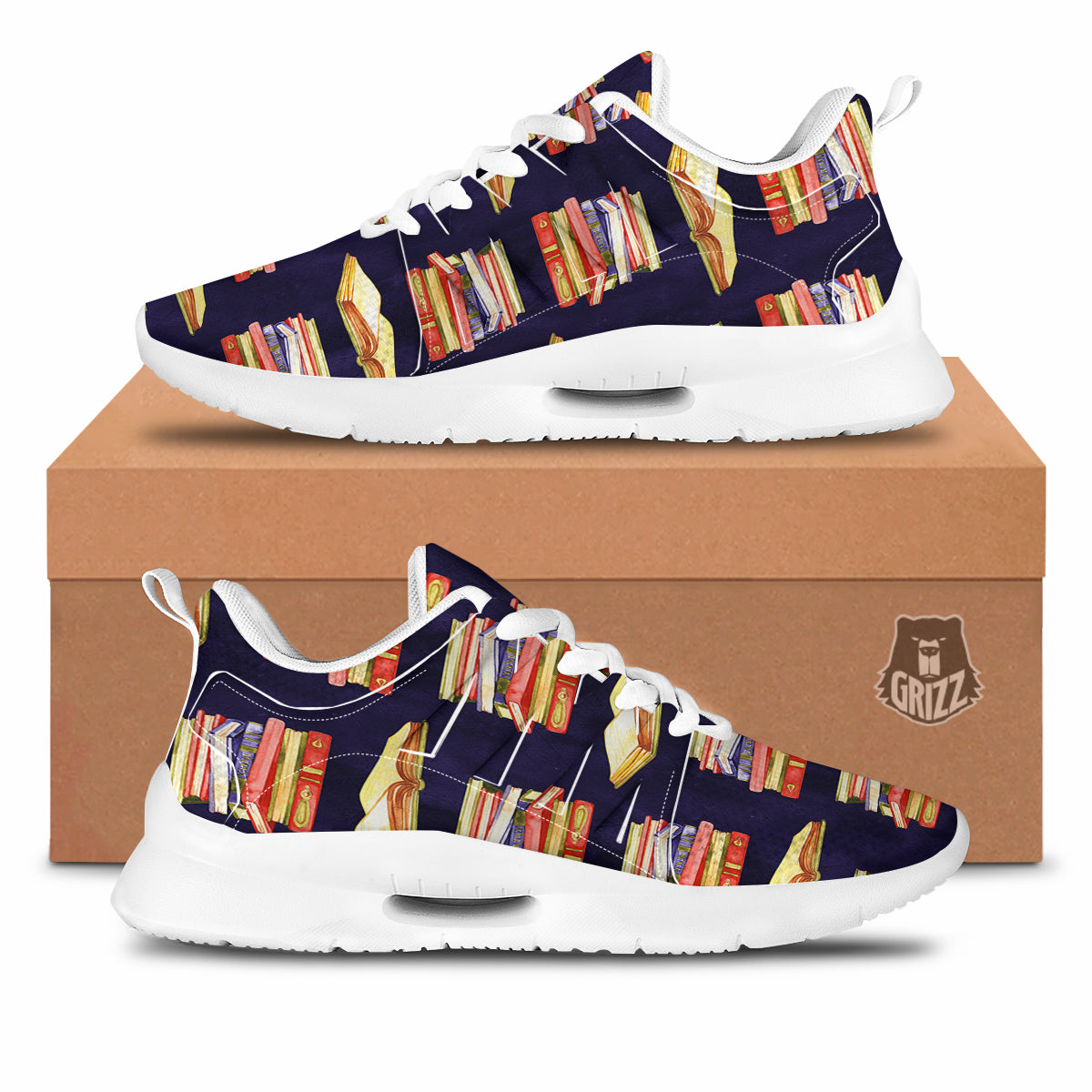 Bookshelf Watercolor Print Pattern Tennis Shoes-grizzshop