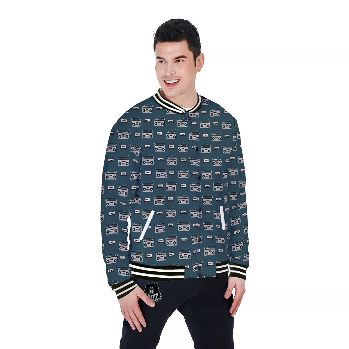 Boombox And Cassette Tape Print Pattern Baseball Jacket-grizzshop