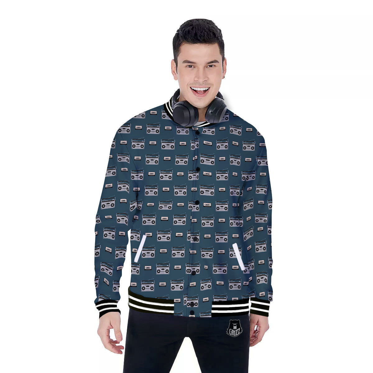 Boombox And Cassette Tape Print Pattern Baseball Jacket-grizzshop