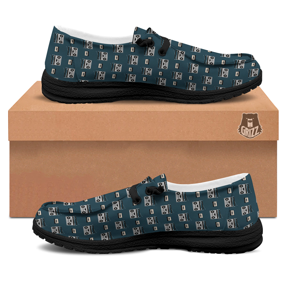 Boombox And Cassette Tape Print Pattern Black Loafers-grizzshop