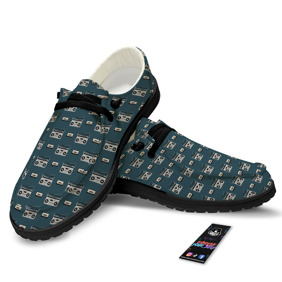 Boombox And Cassette Tape Print Pattern Black Loafers-grizzshop