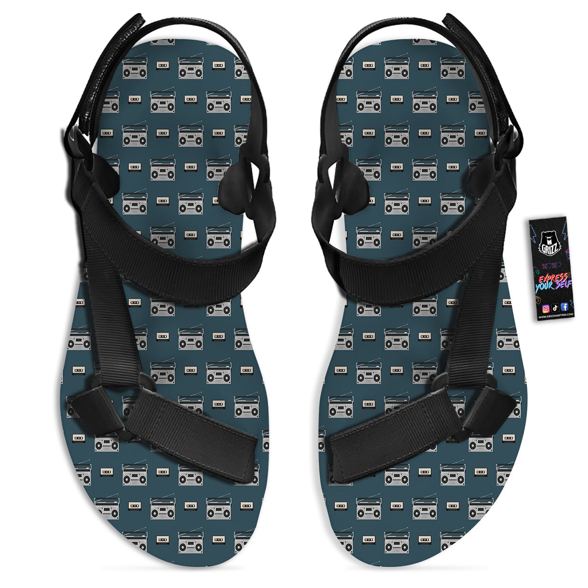 Boombox And Cassette Tape Print Pattern Black Open Toe Sandals-grizzshop