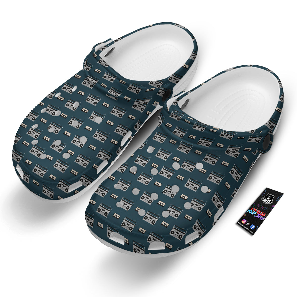Boombox And Cassette Tape Print Pattern Clog-grizzshop