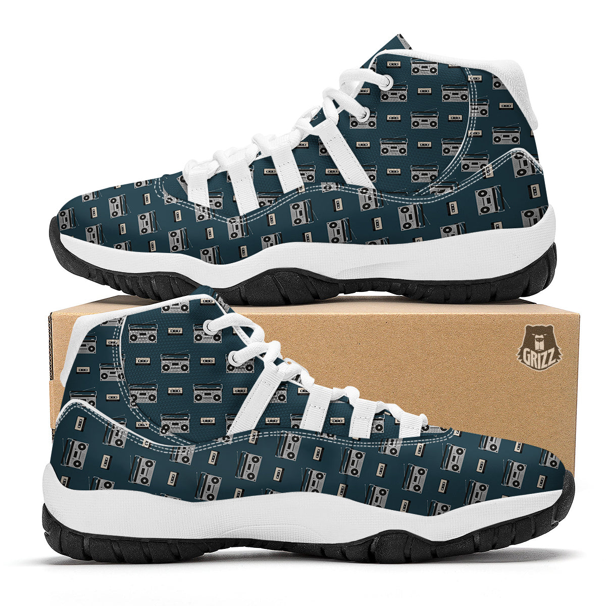Boombox And Cassette Tape Print Pattern White Bball Shoes-grizzshop