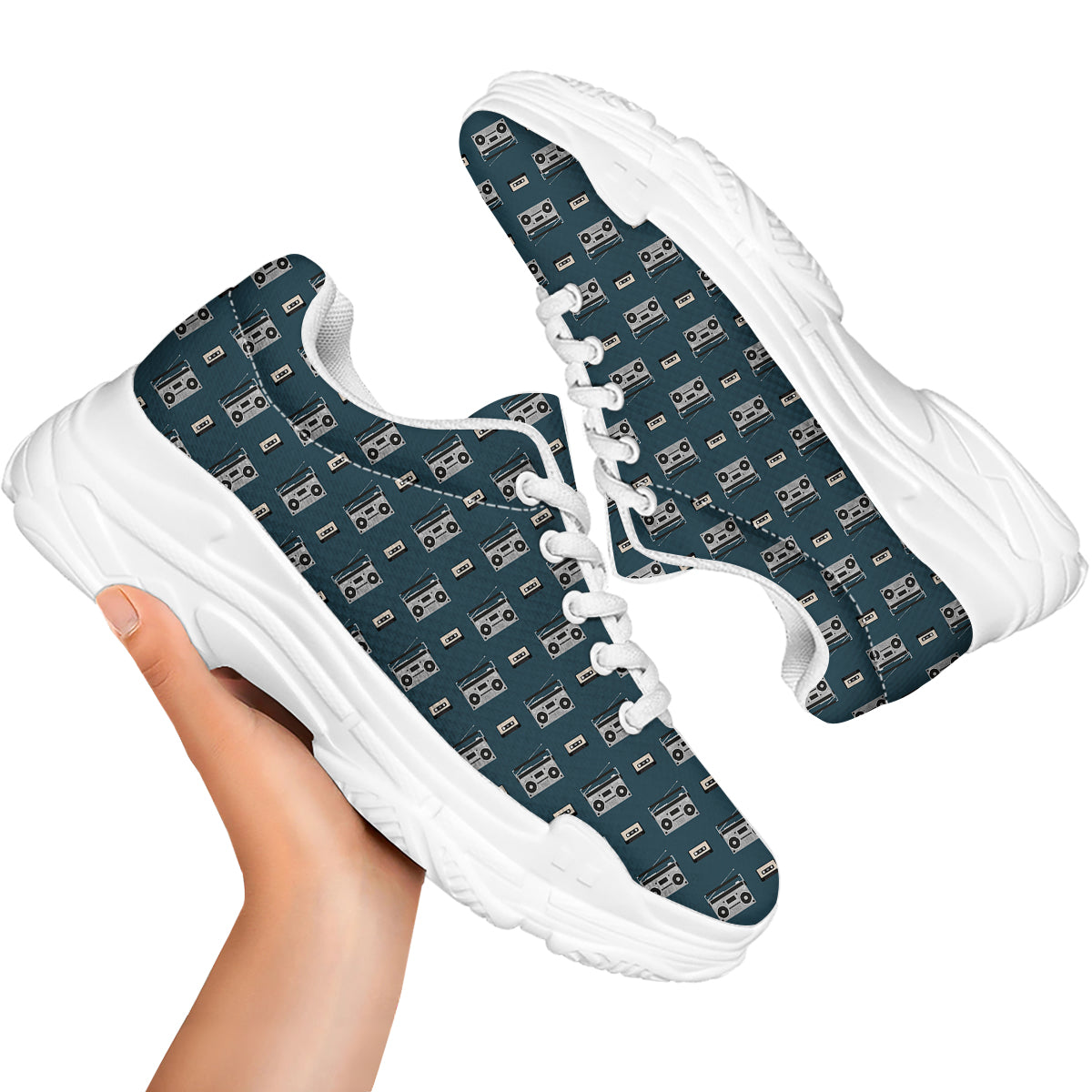 Boombox And Cassette Tape Print Pattern White Chunky Shoes-grizzshop