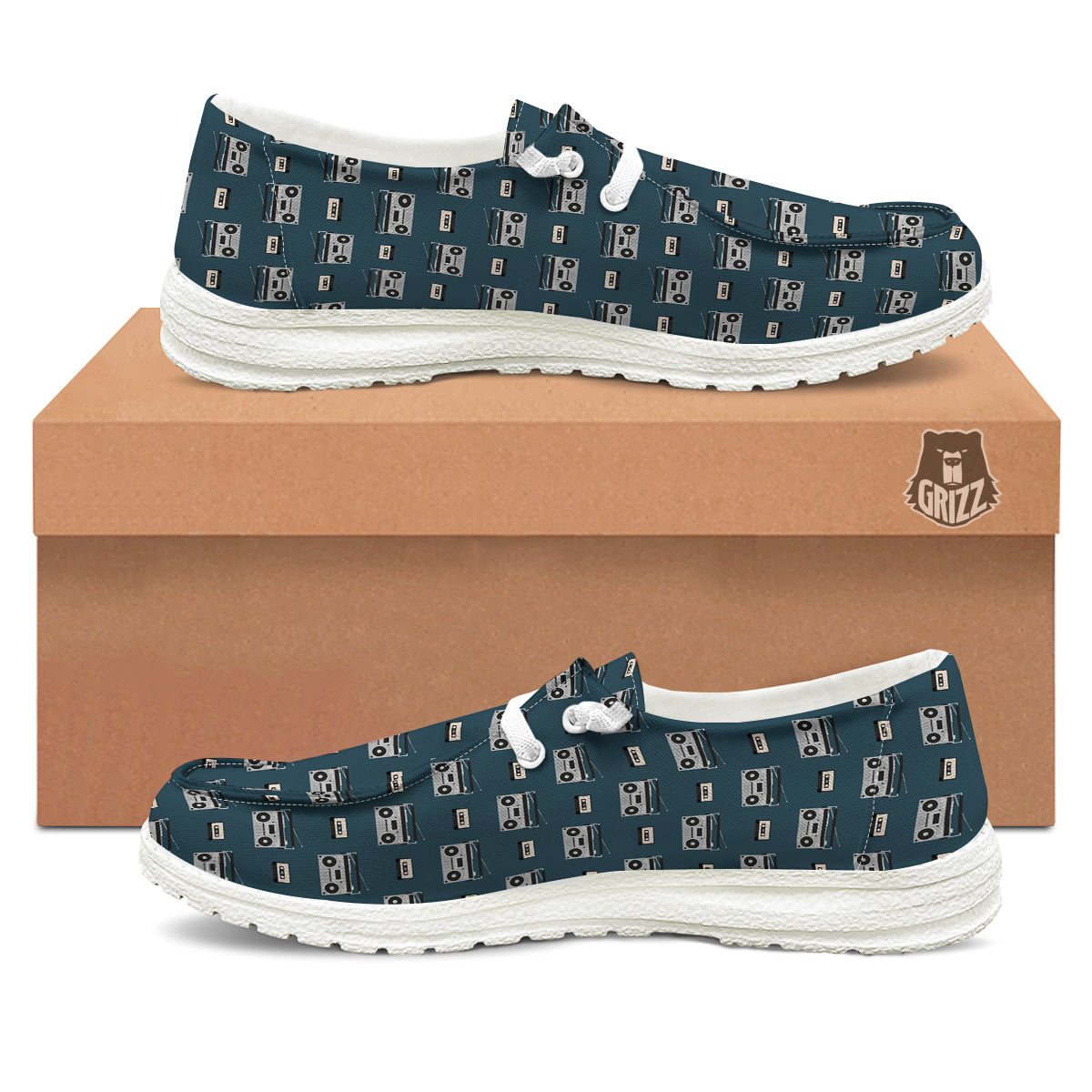 Boombox And Cassette Tape Print Pattern White Loafers-grizzshop