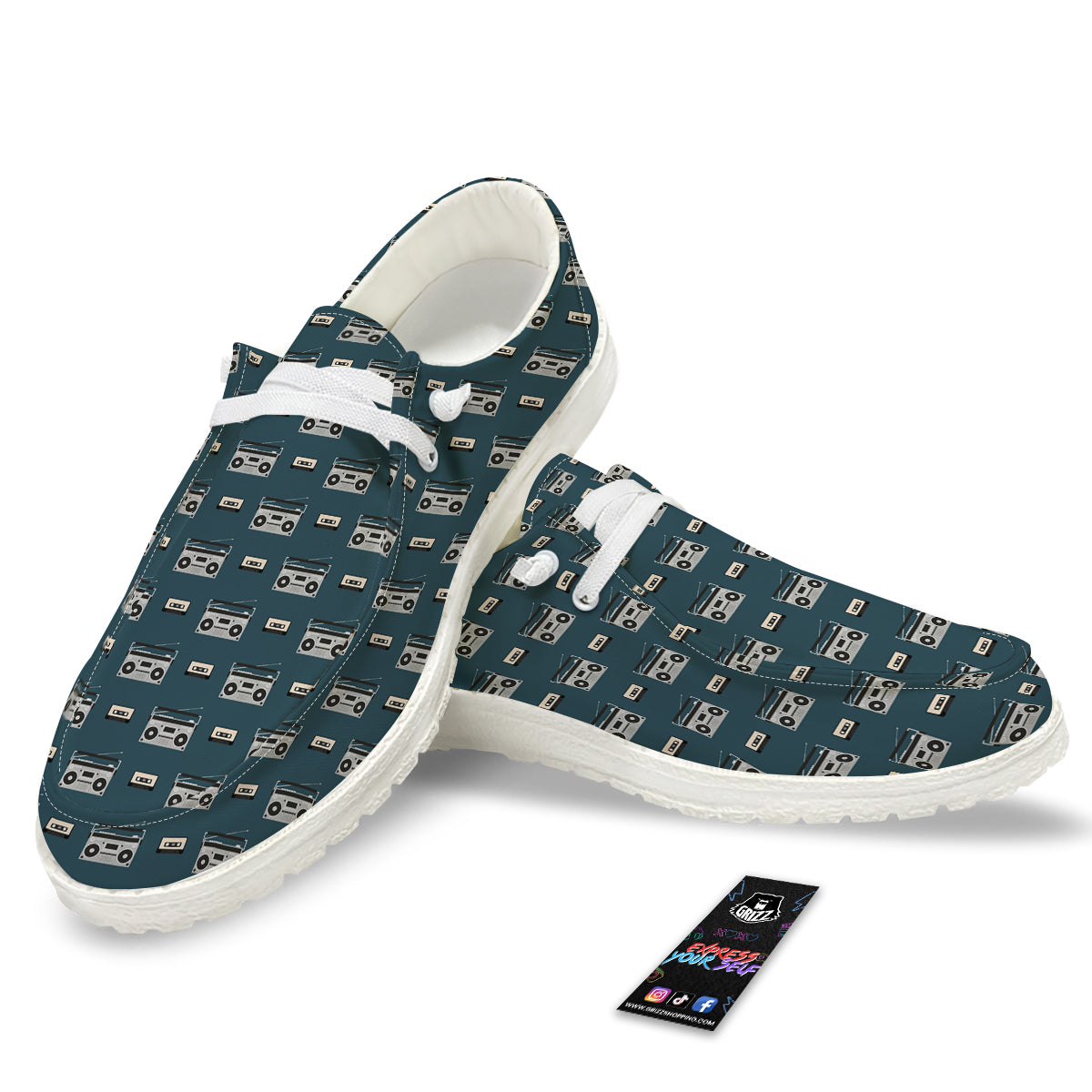 Boombox And Cassette Tape Print Pattern White Loafers-grizzshop