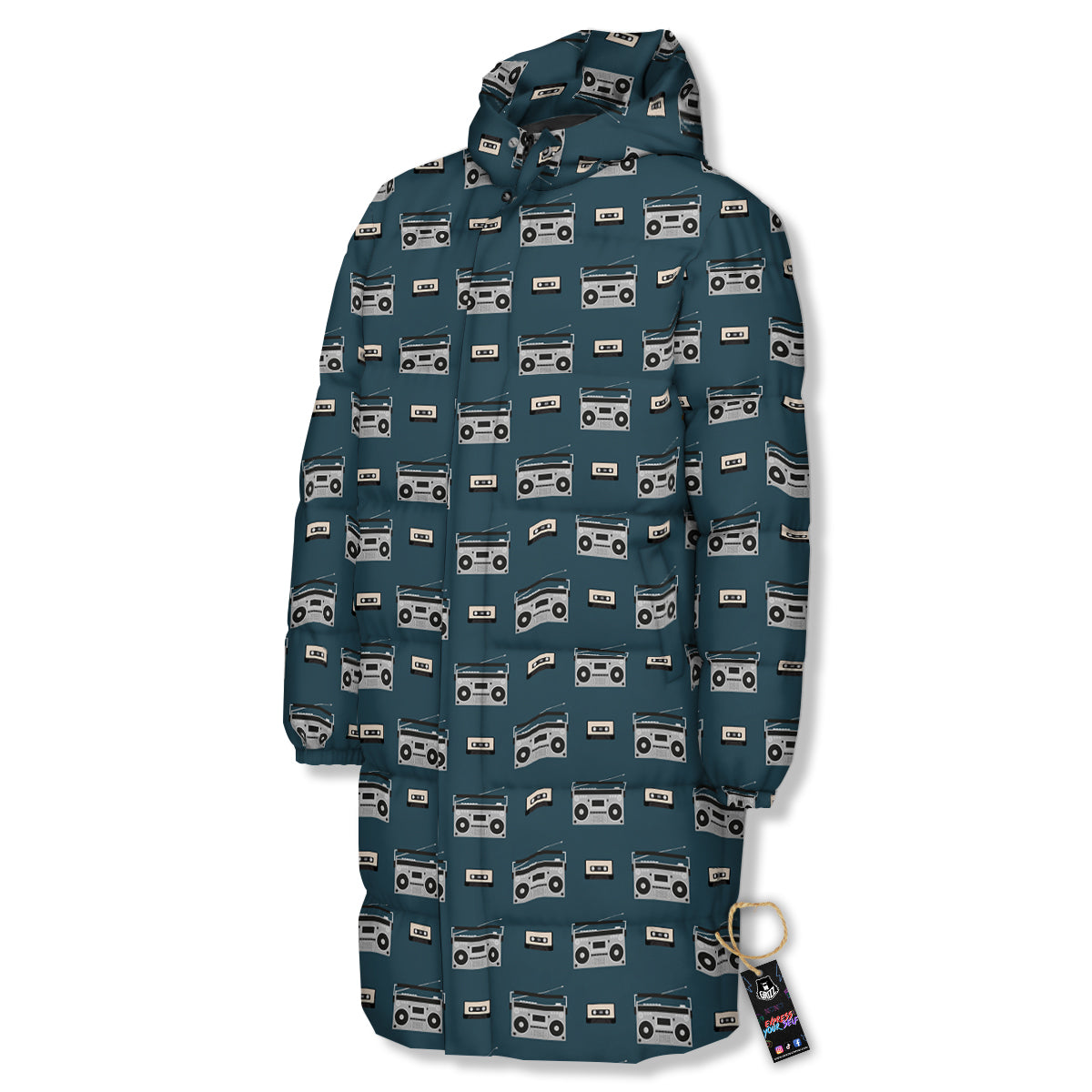 Boombox And Cassette Tape Print Pattern Long Down Jacket