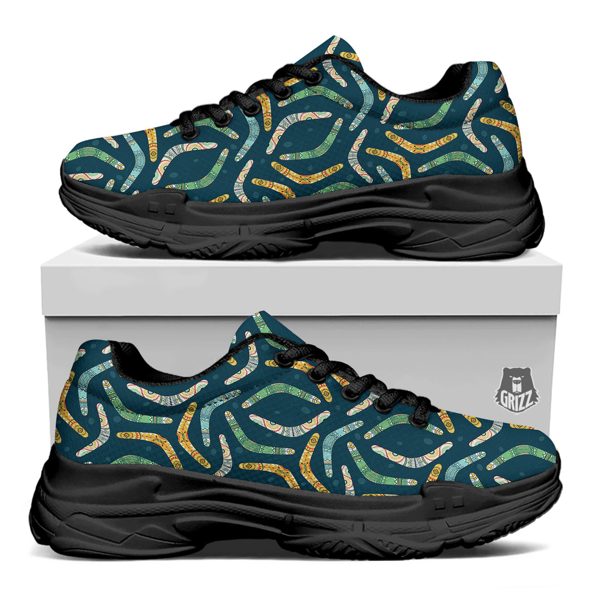 Boomerang Australian Print Pattern Black Chunky Shoes-grizzshop